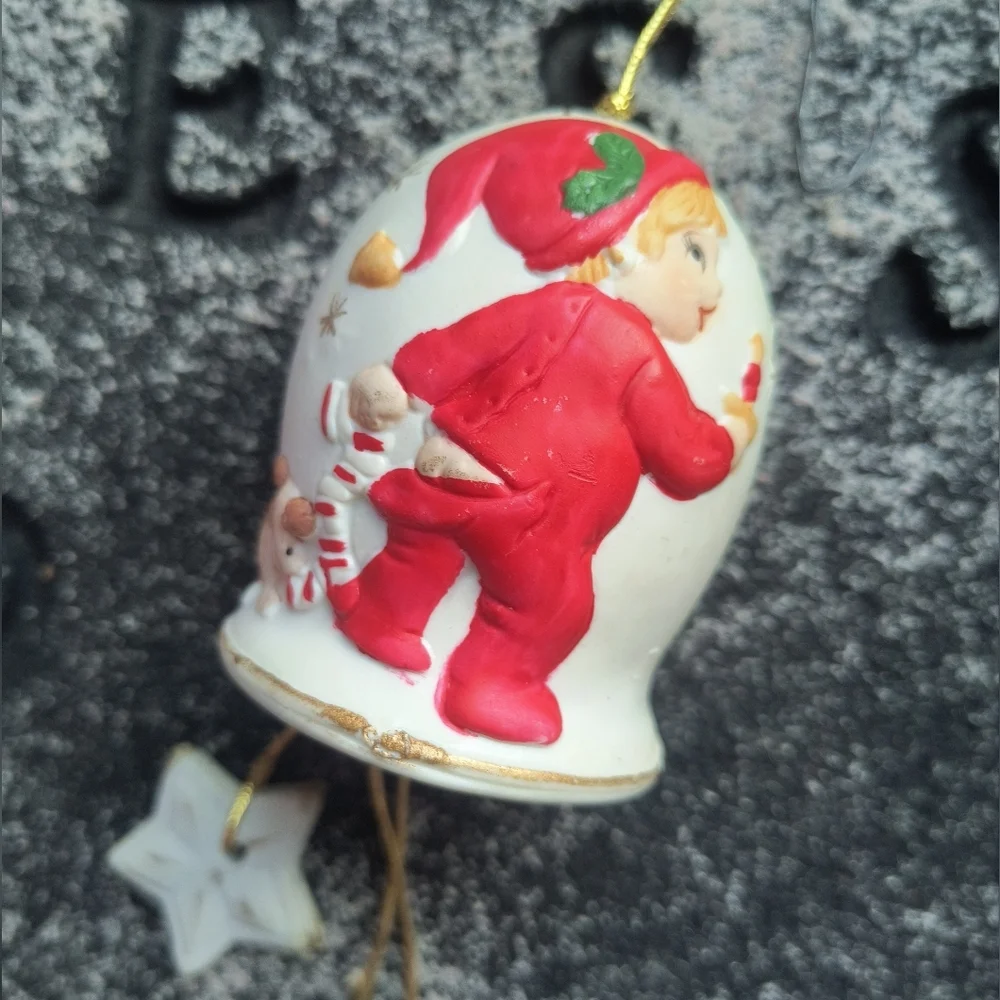 Christmas Chimes Jasco Ceramic Boy In Pajamas And Dog 1980 Vintage Bell Ornament